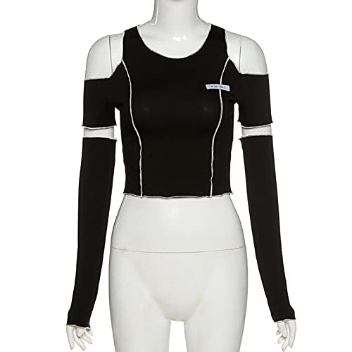 Zouyuan Patchwork Black T-Shirts Gothic One Schulterhülse Y2K Crop Tops Rüschen Saum Hip Hop Techwear Damen T-Shirts von Zouyuan