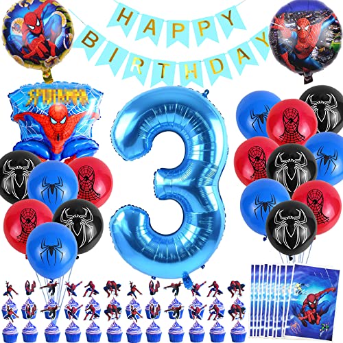Zoxopoai Spiderman Geburtstagsdeko 54 Stück Party Geburtstag Deko 3 Jahre, Happy Birthday Banner Jungen Luftballons Partytüten Cupcake Toppers für Kindergeburtstag Party Tüten Dekoration Mitgebsel von Zoxopoai