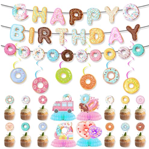 Zoyiancy 24 Stück Donut One Sweet Geburtstagsparty-Dekorationen, Tisch-Waben-Mittelstücke, buntes Happy Birthday-Banner, Partyzubehör für Mädchen, Babyparty von Zoyiancy
