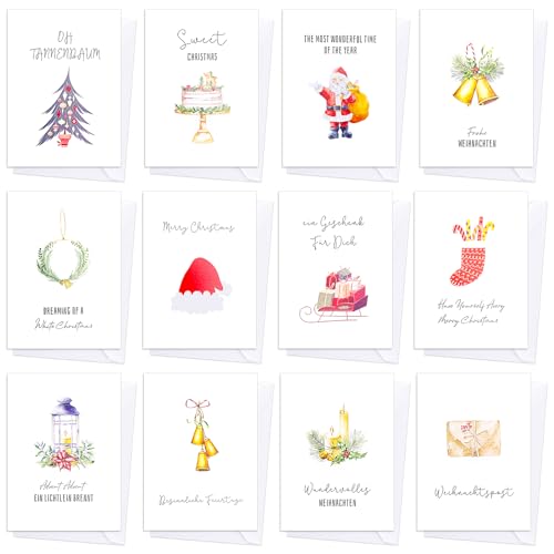 Zoyomax Weihnachtskarten, 12 Stück Weihnachtskarten mit Umschlag Set, A6 Klappkarten für Weihnachten, Weihnachtspostkarten Weihnachtskarten Klein mit Aufkleber für deine Weihnachtsgrüße von Zoyomax