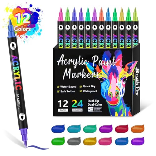 12 Pcs Doppelte Acrylfarbe Stift 24 Farbe Pinselspitze Acrylmarker Zum Malen Auf Papier Holz Glas Keramik Stoff Penst Set Set 12 Pcs Doppelte Acrylfarbe Stift 24 Farbe Pinselspitze Acrylmarker Zum Malen Auf Papier Holz Glas Keramik Stoff Penst Set Set von Zqxnt
