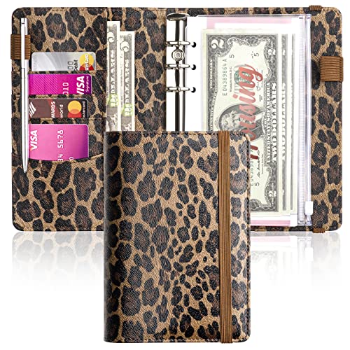 A6 Budget Binder zum Geldsparen, PU-Leder, Budgetplaner mit 8 Geldumschlägen, Budgetblättern und rotgoldenen Kategorie-Aufklebern, Geld-Organizer für Bargeld (Leopard) von Zreal