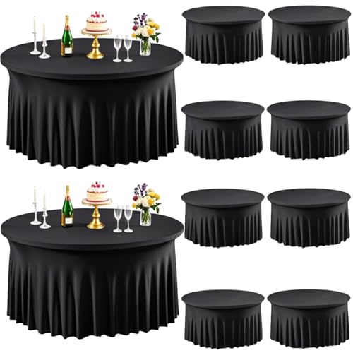 10 Stück schwarze runde Spandex-Tischdecken für 152,4 cm große Tische, dehnbar, 152,4 cm, runde Tischdecken, knitterfrei, waschbar, mit Rock, für Hochzeit, Geburtstag, Party, Esszimmer, Bankett von Zrlljp