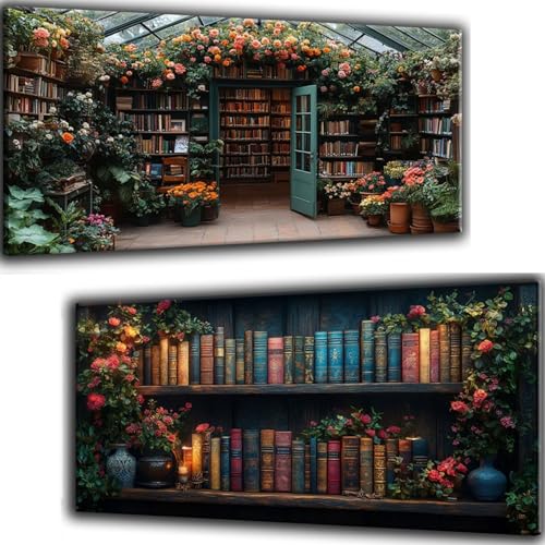 Buchhaus Diamond Painting Erwachsene, Blume Diamant Painting Bilder Kinder Anfänger, DIY Vollbohrer Diaments Malerei Crystal Art Stickerei Kreuzstich Bastelset, Zimmer Deko Aesthetic 40x80cm 2 Stück von Zsccvzlu