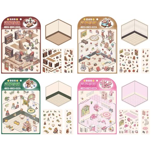 House Stickers For Kids, Miniatur Haus Cute Stickers, 4 Set Sticker Kinder Mädchen, Kinder Sticker Maker Mit Effekt, Szenen Aufkleber Kinder Für Möbel Laptops Wände Telefonhüllen von Zubehors
