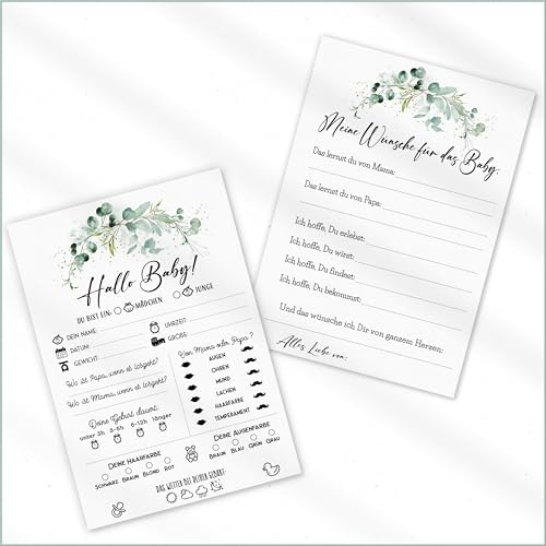 Zuckermoment 20x Eukalyptus Baby Tippkarten | Babyparty Spiel | Baby Ratespiel | Babyparty Ausfüllkarten | Babyshower Geschenk | Babytippkarten | DIN A5 | Karten zum Ausfüllen | Beidseitig bedruckt von Zuckermoment