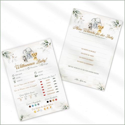Zuckermoment 20x Safari Baby Tippkarten | Babyparty Spiel | Baby Ratespiel | Babyparty Ausfüllkarten | Babyshower Geschenk | Babytippkarten | DIN A5 | Karten zum Ausfüllen | Beidseitig bedruckt von Zuckermoment