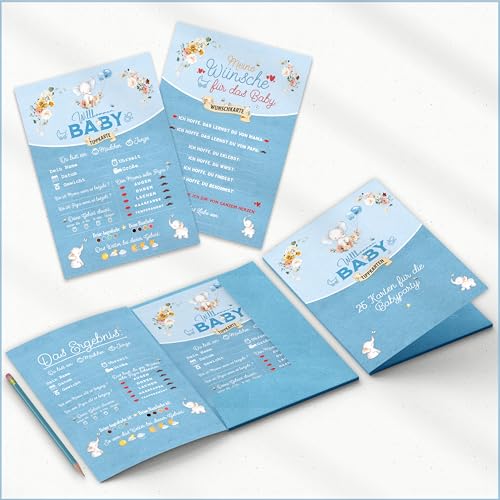 Zuckermoment 25x Baby Tippkarten inkl. Mappe | Babyparty Spiel | Baby Ratespiel | Babyparty Ausfüllkarten | Wunschkarten | Babyshower Geschenk | DIN A5 | Beidseitig bedruckt (Blau Elefant mit Mappe) von Zuckermoment