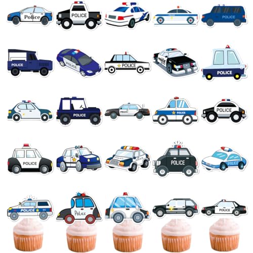 (2 in 1)50 Stück Polizei Auto Cupcake Topper, Polizei Auto Aufkleber, DIY Cupcake Dekoration für Polizei Party (police car) von Zuisytm