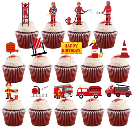 Zulbceo 42 pcs Feuerwehr Geburtstagsfeier Deko,Feuerwehr Kuchendeckel,Party Cake Topper Feuerwehrauto,Feuerwehr Geburtstag Deko, Feuerlöscher Cupcake für Kindergeburtstag Party von Zulbceo