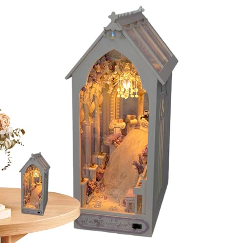 Zunetsutock Book Nook Decor - Haus Modellbau Kit - 3D Holzpuzzle Buchstütze für Desktop Bücherregal, Dekorative Buchecke mit LED-Licht von Zunetsutock