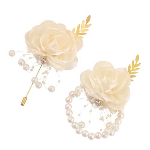1. Seide Hochzeit Corsage & Boutonniere Set Für Brautbrautjungfern Groomsmen Prom Zeremonie Formelle Kleidung Accessoires Wiederverwendbare Künstliche Hochzeit Corsage von Zuoeay