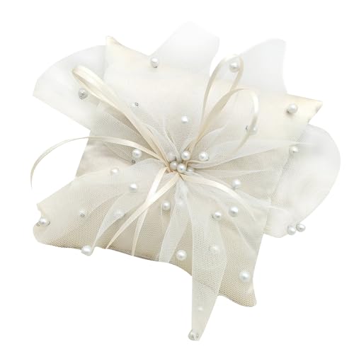 Zuoeay Handgefertigte Perlen Kissen Weiße Ringe Trägerkissen Für Blumen Mädchen Hochzeit Verpflichtung Prom Party Dekorationen Beige Polyester Ringe von Zuoeay