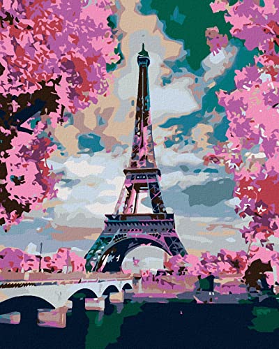 Zuty 1379211, Malen nach Zahlen-Eiffelturm UND ROSA BÄUME 40x50 cm mit Keilrahmen (bereits gespannt) von ZUTY