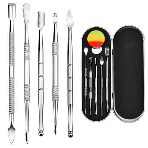 Zuxbolf 5 Stück Modellierwerkzeuge Set Edelstahl Töpferwerkzeug Doppelendiges Schnitzwerkzeug Ton Werkzeug DIY Sculpting Tools mit Eisenbox und 3ml Silikonbehälter für Wachs, Keramik, Skulpturen von Zuxbolf