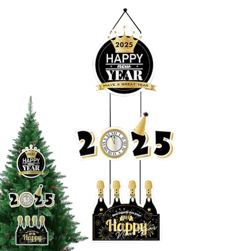 Frohes neues Jahr Wandschild 2025 - Frohes neues Jahr Banner mit Pompons | Silvester Ornamente | Willkommen Silvester Schild Schwarz Gold | Jahr der Schlange Frohes Neues Jahr Veranda Schild für von Zvn Zojne