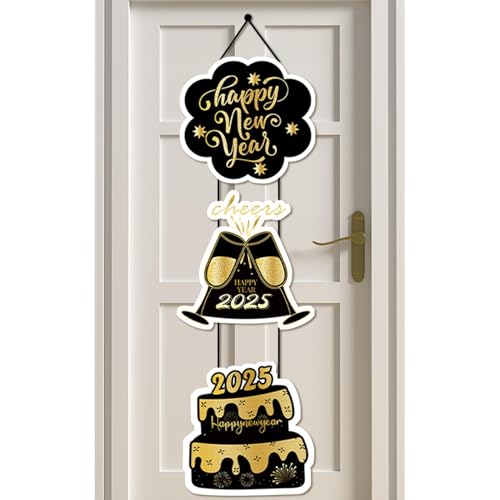 Frohes neues Jahr Wandschild 2025 - Frohes neues Jahr Banner mit Pompons | Silvester Ornamente | Willkommensschild Silvester Schwarz Gold | Jahr der Schlange Frohes Neues Jahr Veranda Schild für von Zvn Zojne