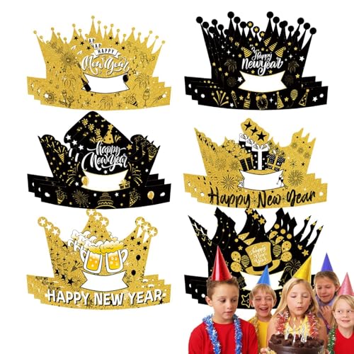 Zvn Zojne Happy New Year Hüte – schwarze und goldene Kronen-Papierhüte | 18 Stück Neujahrs-Kopfbedeckung mit elastischem Seil | niedliche Silvesterhüte | Schwarz und Gold Tiara für Jungen, Mädchen von Zvn Zojne