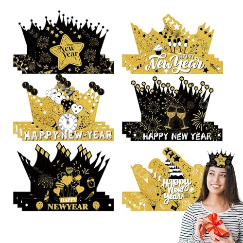 Zvn Zojne Happy New Year Hüte – schwarze und goldene Kronen-Papierhüte | 18 Stück Neujahrs-Kopfbedeckung mit elastischem Seil | niedliche Silvesterhüte | Schwarz und Gold Tiara für Jungen, Mädchen von Zvn Zojne