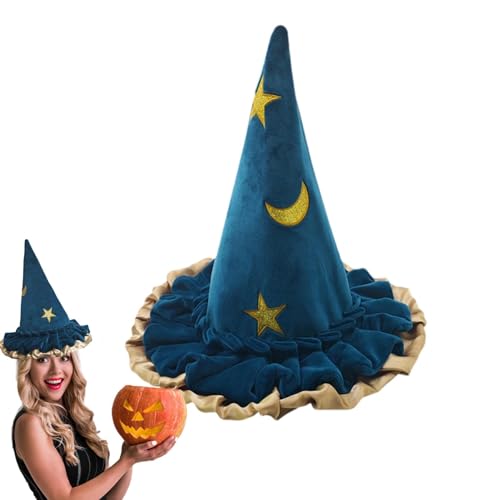Zvn Zojne Hexenhut – breite Krempe, spitz zulaufender Turm, Zaubererhut, Halloween-Kostüm, Hexenhut, Stern-Mond-Muster, für Damen, breite Krempe, Zaubererhut, modischer Spitzhut für von Zvn Zojne