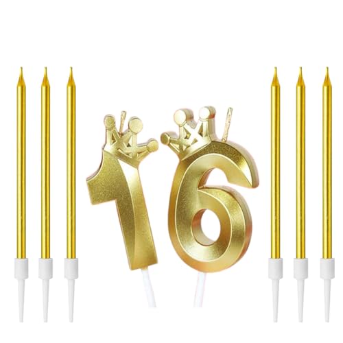 Zwenjuan Geburtstag Kerzen,3D Zahlen Geburtstagskerzen,Anzahl 16 Kerze mit Kronendekor mit 6Pc Langen Kerzen Kerzen Geburtstag,Kerzen Geburtstag Zahl für Kuchen Geburtstag Jahrestag Partys von Zwenjuan