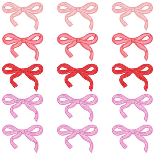 15 Stück Schleifen-Aufnäher, niedliche Schleife, bestickt, süß, zum Aufbügeln für Mädchen, Jacken, Rucksäcke, Taschen, Kleidung, Hüte, Hosen, Jeans, Hemd (Rosa, Orange, Rot) von Zyghjort