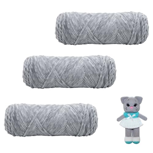 Zyiphor 3×100g Chenille Wolle zum Häkeln, Dicke Flauschige Weich Chenille Garn, Velvet Wolle Chenilles Garn, für Decken Schals Häkeltiere Kreative Handarbeit (Hellgrau) von Zyiphor