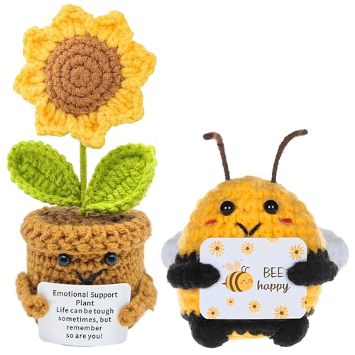 Zyiphor Pocket Hug Sonnenblumen Kleine Geschenke, Pocket Hug Biene Glücksbringer Geschenke, Gehäkelte Kuscheltiere für Mutmacher Geschenk, Einschulung Geschenk, Gute Besserung Geschenk (2 Stück) von Zyiphor