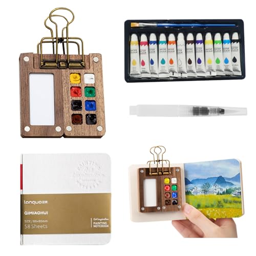 Mini Aquarell Travel Set, Tragbares Holz Malpalette Malkasten, Reise Aquarellmalerei, Skizzenbuch Palette Set 8 Grids, Mini Aquarellkasten, mit Aquarellpapier Journal, Aquarellpinsel Stiftel, Clip Mini Aquarell Travel Set, Tragbares Holz Malpalette Malkasten, Reise Aquarellmalerei, Skizzenbuch Palette Set 8 Grids, Mini Aquarellkasten, mit Aquarellpapier Journal, Aquarellpinsel Stiftel, Clip von Zyluniy