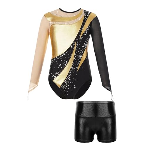 Ballett-Tanz-Outfit for Mädchen, Netzstoff, langärmelig, Schlüsselloch-Rücken, glänzender Turnanzug mit metallischen Shorts, Overalls for rhythmische Sportgymnastik für Tänzerinnen(Color1,6Y) von Zymjzbetic