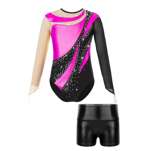 Ballett-Tanz-Outfit for Mädchen, Netzstoff, langärmelig, Schlüsselloch-Rücken, glänzender Turnanzug mit metallischen Shorts, Overalls for rhythmische Sportgymnastik für Tänzerinnen(Color2,8Y) von Zymjzbetic