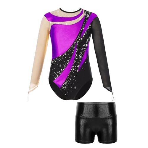 Ballett-Tanz-Outfit for Mädchen, Netzstoff, langärmelig, Schlüsselloch-Rücken, glänzender Turnanzug mit metallischen Shorts, Overalls for rhythmische Sportgymnastik für Tänzerinnen(Color3,6Y) von Zymjzbetic