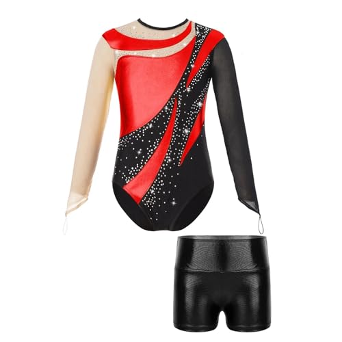 Ballett-Tanz-Outfit for Mädchen, Netzstoff, langärmelig, Schlüsselloch-Rücken, glänzender Turnanzug mit metallischen Shorts, Overalls for rhythmische Sportgymnastik für Tänzerinnen(Color4,6Y) von Zymjzbetic