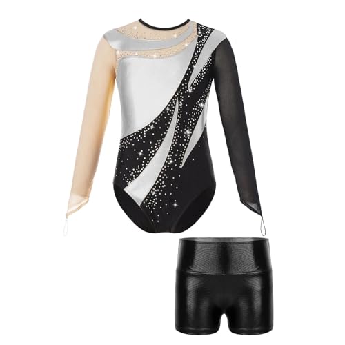 Ballett-Tanz-Outfit for Mädchen, Netzstoff, langärmelig, Schlüsselloch-Rücken, glänzender Turnanzug mit metallischen Shorts, Overalls for rhythmische Sportgymnastik für Tänzerinnen(Color6,10Y) von Zymjzbetic