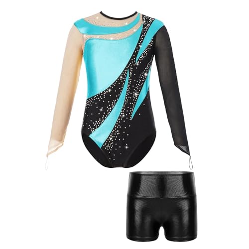 Ballett-Tanz-Outfit for Mädchen, Netzstoff, langärmelig, Schlüsselloch-Rücken, glänzender Turnanzug mit metallischen Shorts, Overalls for rhythmische Sportgymnastik für Tänzerinnen(Color7,6Y) von Zymjzbetic
