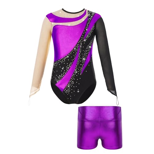 Ballett-Tanz-Outfit for Mädchen, Netzstoff, langärmelig, Schlüsselloch-Rücken, glänzender Turnanzug mit metallischen Shorts, Overalls for rhythmische Sportgymnastik für Tänzerinnen(Color8,8Y) von Zymjzbetic