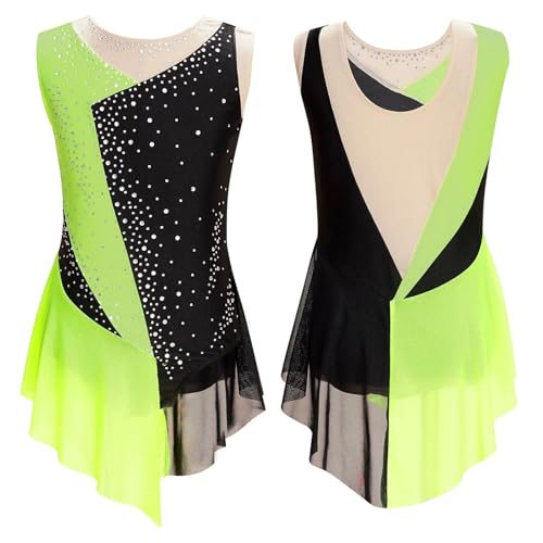 Eiskunstlauf-Trikot for Mädchen mit glitzerndem Strasssteinen, Farbblock, transparentem Netzstoff, Spleiß-Bodysuit for rhythmische Gymnastik, Leistungskleidung für Tänzerinnen(Color1,12) von Zymjzbetic