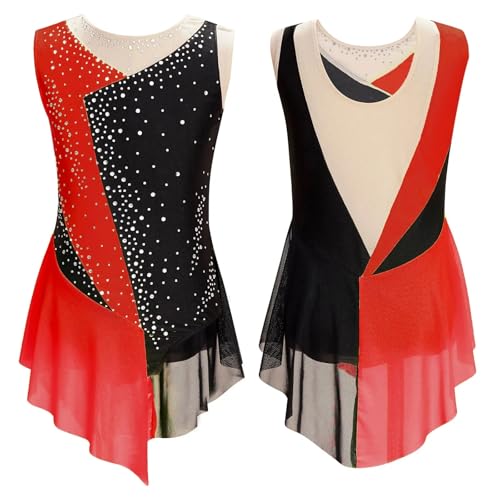 Eiskunstlauf-Trikot for Mädchen mit glitzerndem Strasssteinen, Farbblock, transparentem Netzstoff, Spleiß-Bodysuit for rhythmische Gymnastik, Leistungskleidung für Tänzerinnen(Color2,12) von Zymjzbetic
