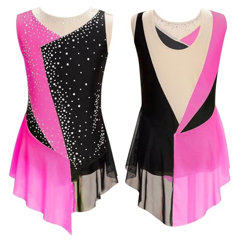 Eiskunstlauf-Trikot for Mädchen mit glitzerndem Strasssteinen, Farbblock, transparentem Netzstoff, Spleiß-Bodysuit for rhythmische Gymnastik, Leistungskleidung für Tänzerinnen(Color3,8) von Zymjzbetic