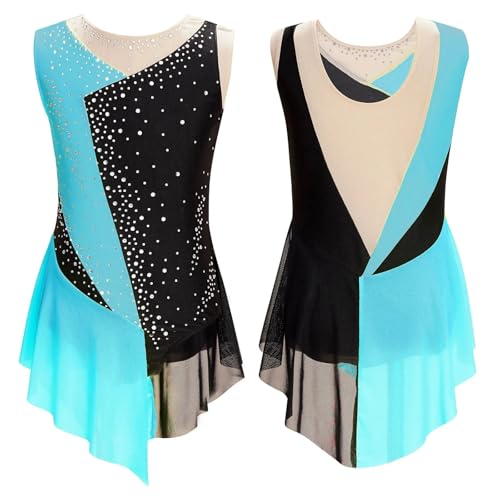 Eiskunstlauf-Trikot for Mädchen mit glitzerndem Strasssteinen, Farbblock, transparentem Netzstoff, Spleiß-Bodysuit for rhythmische Gymnastik, Leistungskleidung für Tänzerinnen(Color5,14) von Zymjzbetic
