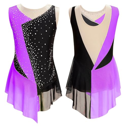 Eiskunstlauf-Trikot for Mädchen mit glitzerndem Strasssteinen, Farbblock, transparentem Netzstoff, Spleiß-Bodysuit for rhythmische Gymnastik, Leistungskleidung für Tänzerinnen(Color6,16) von Zymjzbetic