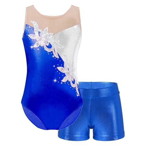 Zymjzbetic Ballettanzug for Mädchen, Tanz-Set, Sport-Gymnastik-Outfit, Netzstoff, Patchwork, Glitzer-Pailletten, Trikot mit Shorts for Bühnenauftritte für Tänzerinnen(Blue,8Y) von Zymjzbetic