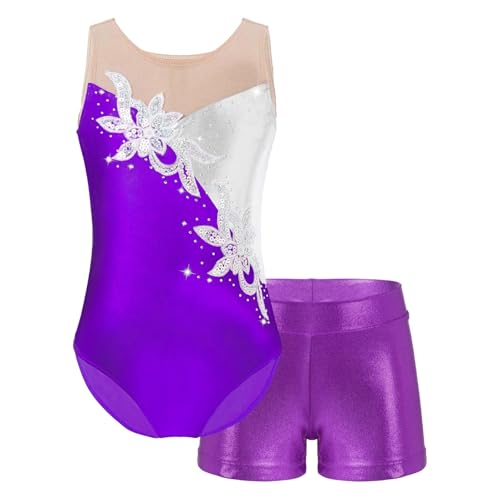 Zymjzbetic Ballettanzug for Mädchen, Tanz-Set, Sport-Gymnastik-Outfit, Netzstoff, Patchwork, Glitzer-Pailletten, Trikot mit Shorts for Bühnenauftritte für Tänzerinnen(Purple,14Y) von Zymjzbetic