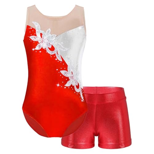 Zymjzbetic Ballettanzug for Mädchen, Tanz-Set, Sport-Gymnastik-Outfit, Netzstoff, Patchwork, Glitzer-Pailletten, Trikot mit Shorts for Bühnenauftritte für Tänzerinnen(Red,6Y) von Zymjzbetic
