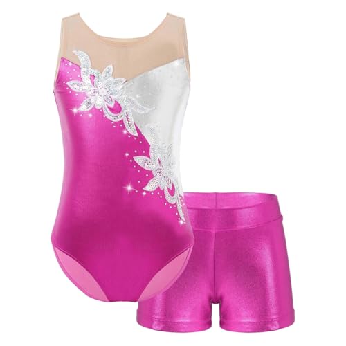 Zymjzbetic Ballettanzug for Mädchen, Tanz-Set, Sport-Gymnastik-Outfit, Netzstoff, Patchwork, Glitzer-Pailletten, Trikot mit Shorts for Bühnenauftritte für Tänzerinnen(Rose,14Y) von Zymjzbetic