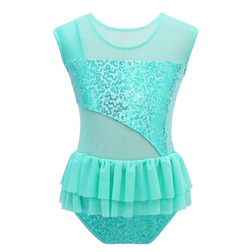 Zymjzbetic Ballettanzug for Mädchen mit glänzenden Pailletten, Tanzanzug mit Rüschen, Netzstoff, Sportgymnastik, Workout-Bodysuit for Bühnenauftritte, Tanzkostüm für Tänzerinnen(Green,6) von Zymjzbetic