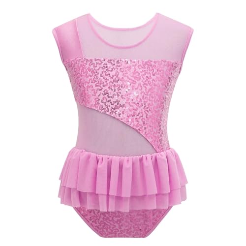 Zymjzbetic Ballettanzug for Mädchen mit glänzenden Pailletten, Tanzanzug mit Rüschen, Netzstoff, Sportgymnastik, Workout-Bodysuit for Bühnenauftritte, Tanzkostüm für Tänzerinnen(Pink,6) von Zymjzbetic