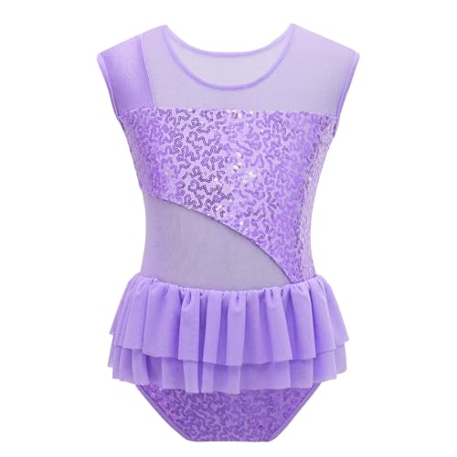Zymjzbetic Ballettanzug for Mädchen mit glänzenden Pailletten, Tanzanzug mit Rüschen, Netzstoff, Sportgymnastik, Workout-Bodysuit for Bühnenauftritte, Tanzkostüm für Tänzerinnen(Purple,8) von Zymjzbetic