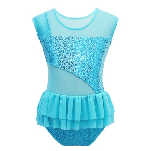 Zymjzbetic Ballettanzug for Mädchen mit glänzenden Pailletten, Tanzanzug mit Rüschen, Netzstoff, Sportgymnastik, Workout-Bodysuit for Bühnenauftritte, Tanzkostüm für Tänzerinnen(Sky Blue,16) von Zymjzbetic