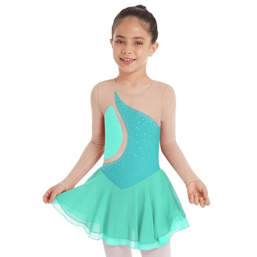 Zymjzbetic Eiskunstlaufkleid for Mädchen, langärmelig, Strass-Netzstoff, Tanzkleider, Gymnastiktrikots, Ballett-Tutu, Performance-Kostüm für Tänzerinnen(Green,12) von Zymjzbetic